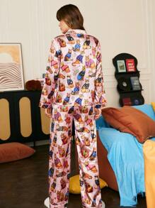 Chillnights Conjunto de pijama de satén con estampado de gato elegante y lindo para mujer