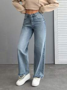 SHEIN High Waist Ripped Hem Straight Jean Simple Fashionable Daily Casual