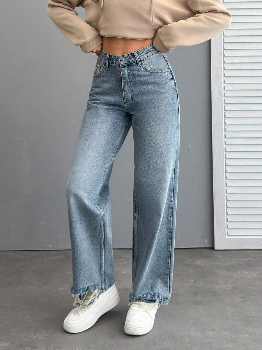 SHEIN High Waist Ripped Hem Straight Jean Simple Fashionable Daily Casual
