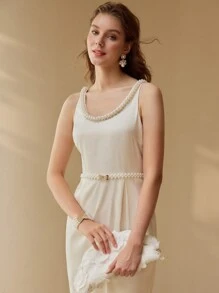 MOTF PREMIUM VESTIDO DE TIRANTES CON DETALLE DE PERLAS FALSAS Y BAJO DIVIDIDO