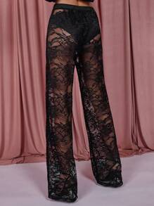 COSMINA Women's Solid Color Sheer Lace Pants, Casual Daily Wear - Black - View 2