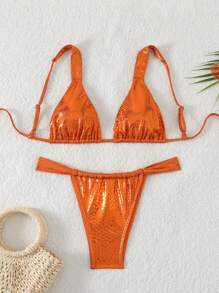 SHEIN Swim 女士蛇皮印花提花性感泳装比基尼套装，适合游泳、夏季海滩、派对和度假 - 棕色 - 查看 4