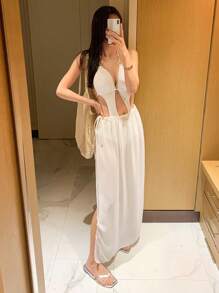 DAZY Bộ đồ bơi bikini gợi cảm buộc dây cổ cho nữ, màu trơn, chất liệu lưới bán trong suốt, thích hợp cho kỳ nghỉ hè, lễ hội, du lịch biển và các hoạt động ngoài trời khác. - trắng - Xem 4