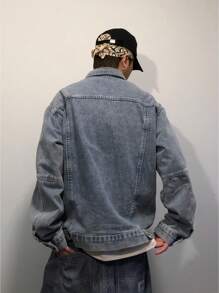 Manfinity EMRG 男士休闲牛仔夹克，简约时尚，日常穿着 - 藍色 - 查看 5