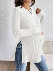 SHEIN Maternity Ribbed Side Split Hem Crew Neck Long Sleeve Casual T-Shirt, Autumn