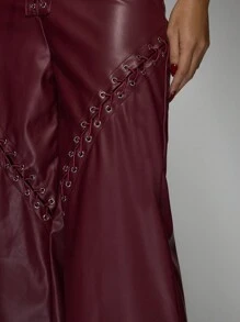 MISSGUIDED Faux Leather Wide Leg Pants Lace Up Detail High Waisted Party Club Evening Statement Piece Glamour Trouser Edgy Metallic Fashion Fall Winter Collection Christmas - Burgundy - View 6