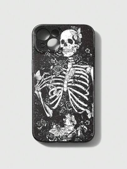 1 Stück Gothic Stil Schädel, Schmetterling & Rose Muster schwarzer glitzernder Handyhülle, kompatibel mit iPhone 13 14 15 16
