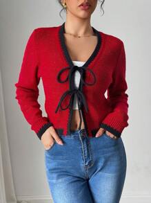 Chiquease European And American New Autumn/Winter Fashion Blogger Style Colorful Dot Contrast Trim V-Neck Tie Bow Knit Red Cardigan Sweater