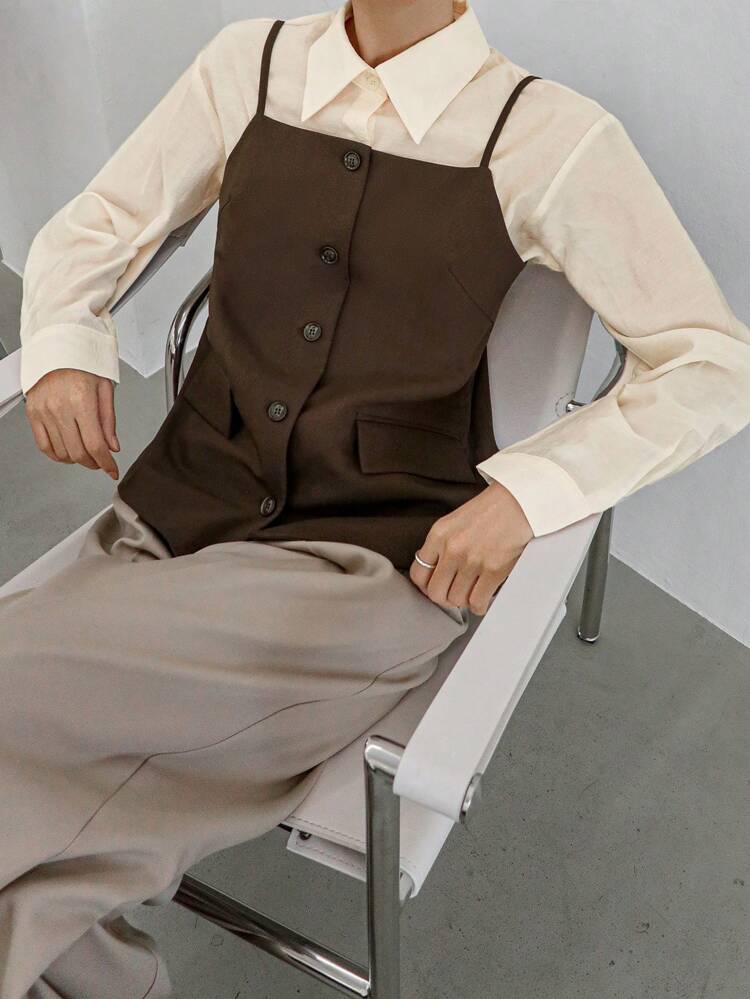 2pcs Women Loose Contrast Color Shirt & Suspender Suit Set