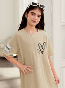 SHEIN Tween Girls Loose Casual Round Neck Ruffle Heart Pattern Short Sleeve Dress