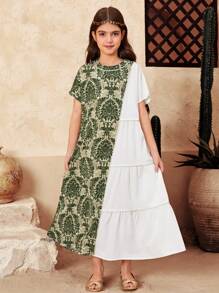 SHEIN Leap Crew Tween 女童超大休闲图案拼色多层圆领连衣裙 - 綠色 - 查看 6
