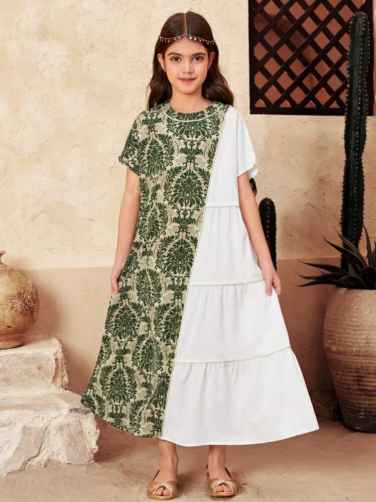 SHEIN Leap Crew Tween 女童超大休闲图案拼色多层圆领连衣裙 - 綠色 - 查看 6