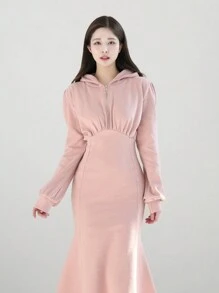 DAZY 女式纯色连帽收腰鱼尾下摆运动衫中长连衣裙，秋季 - 粉色 - 查看 6
