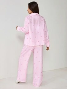 SHEIN PETITE 红白条纹印花衬衫和裤子家居休闲两件套服装 - 粉色 - 查看 2