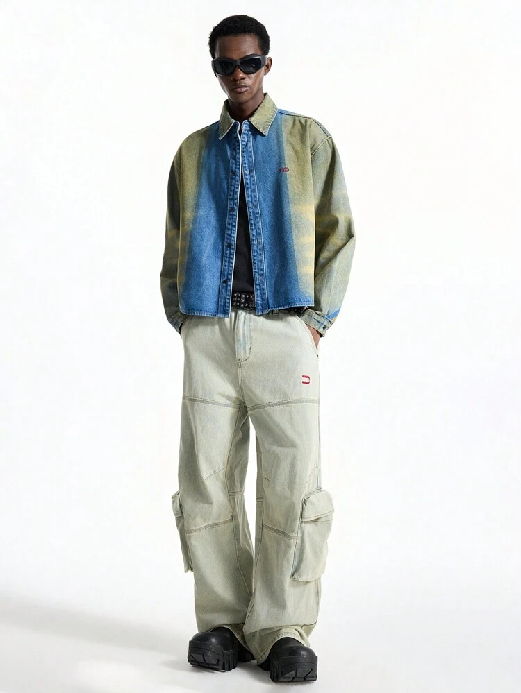 Men's Fashion Streetwear Loose Embroidered Pocket Long Woven Denim Jeans