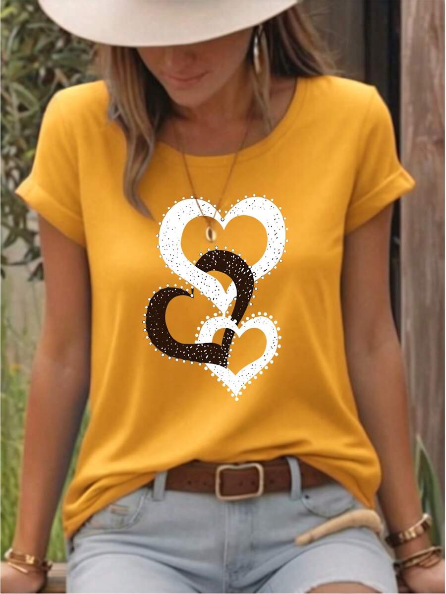SHEIN LUNE 大码女式时尚纯色心形印花 T 恤图案 T 恤女式上衣，适合夏季 - 芥末黃 - 查看 1