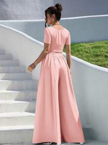 SHEIN Essnce Women Solid Color Round Neck Short Sleeve T-Shirt And Wide Leg Pants Casual Two-Piece Set