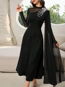 Modelyn Váy dài tay bồng bềnh đính đá lấp lánh cho nữ, thanh lịch - màu đen - Xem 5