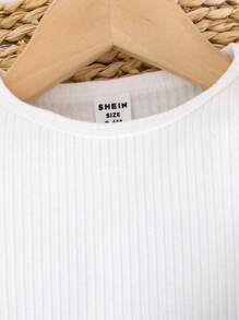 Baby Girl Casual Minimalist Cute White Ribbed Top With Denim Overall Dress 2 Pieces Set, Spring/Autumn