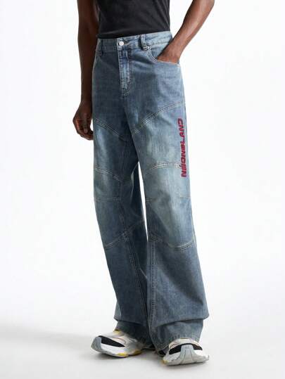 NEON BLANC Jeans de mezclilla de pierna ancha y larga para hombre, estilo streetwear