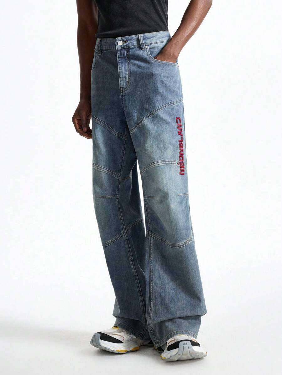 NEON BLANC 男士街头风喇叭编织长牛仔裤 - 藍色 - 查看 1