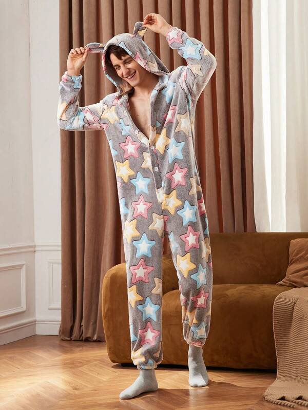 Herren Langarm Jumpsuit mit Sternenmuster und halber Knopfleiste mit Kapuze