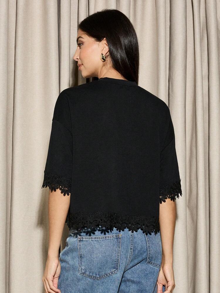 Boxy Cropped Casual Half Sleeve T-Shirts With Lace Trim