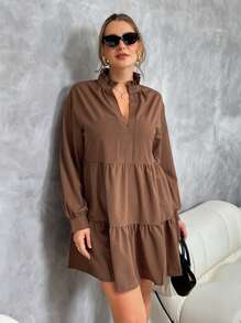 SHEIN Essnce Plus Size Women Solid Color V-Neck Long Sleeve Ruffle Hem Casual Dress For Autumn Fall - Brown - View 6
