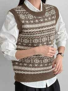 Dazy-Less Women Retro Argyle Knitted Vest,Fall Clothes Christmas,New Year - Brown - View 1
