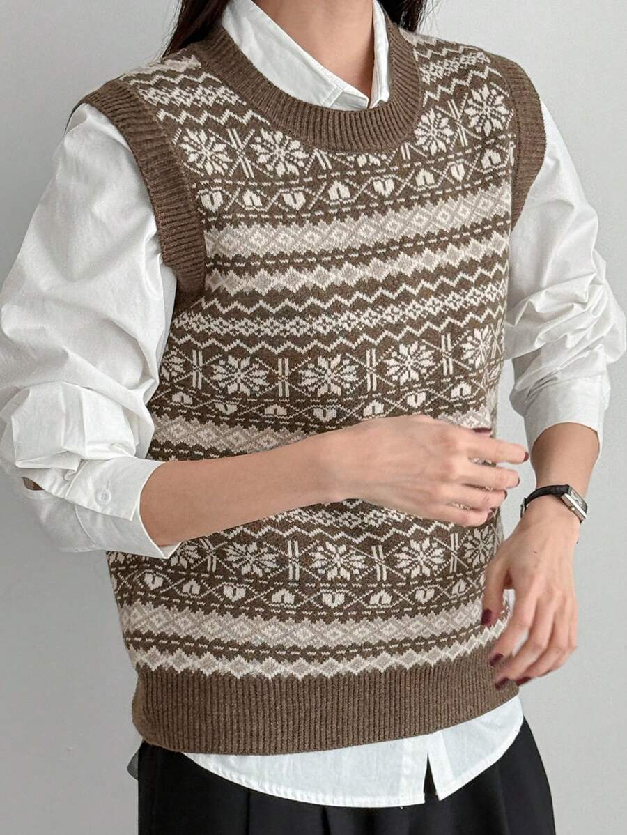 Dazy-Less Women Retro Argyle Knitted Vest,Fall Clothes Christmas,New Year - Brown - View 1