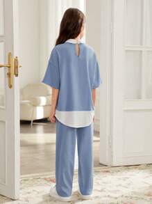 SHEIN Leap Crew Tween Girls' Casual Oversized Shirt Collar Drop Shoulder Short Sleeve Textured Color Block Shirt Top And Straight Leg Pants 2 Pieces Set - Blue - View 2