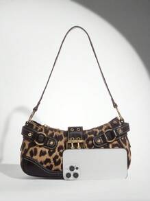 SHEIN BAE Bolso de hombro de mujer estampado de leopardo patchwork PU para ir a la ciudad, bolso de con estampado de leopardo para mujer, el leopardo está de vuelta