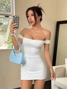 SHEIN EZwear 女士纯色性感白色露肩简约修身休闲迷你连衣裙 - 白色 - 查看 1