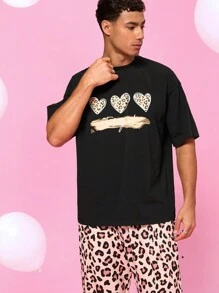 Manfinity VCAY 2pcs Unisex Leopard Print Knit Loose Drop Shoulder Crew Neck Short Sleeve T-Shirt And Elastic Waist Ankle Length Pants Set - Multicolor - View 4