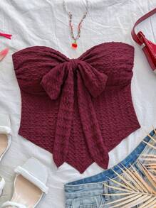 Soleia Casual Tie-Up Asymmetrical Fitted Bustier Top - Burgundy - View 7