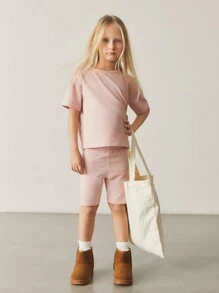 SHEIN Girls Cotton Solid Drop Shoulder Tee & Cycling Shorts Set - Dusty Pink - View 6