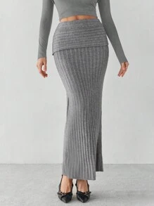 SHEIN Tall Women's Solid Color Fish Tail Hemline Long Sweater Skirt, Autumn/Winter, Tall Women - Grey - View 7