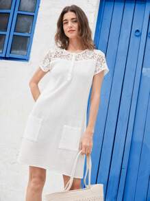 EMERY ROSE Women Simple Button Front Short Sleeve Casual Mini Dress - White - View 4