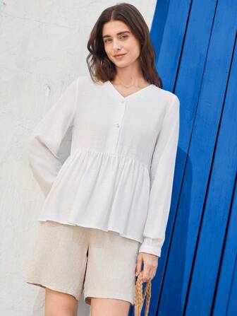 EMERY ROSE Women's Solid Color Button Front Long Sleeve Pleated Simple Casual Shirt