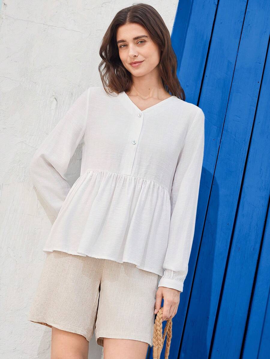 EMERY ROSE Women's Solid Color Button Front Long Sleeve Pleated Simple Casual Shirt - White - View 1