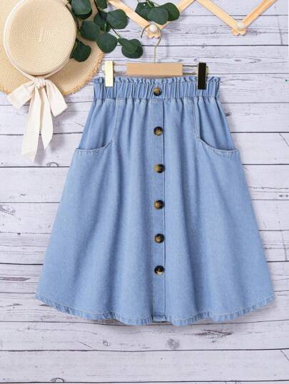 SHEIN Tween Girls' Loose Fit Casual A-Line Skirt With Ruffle Hem Bottom Front Denim Long Skirt For Summer Vacation Outfits