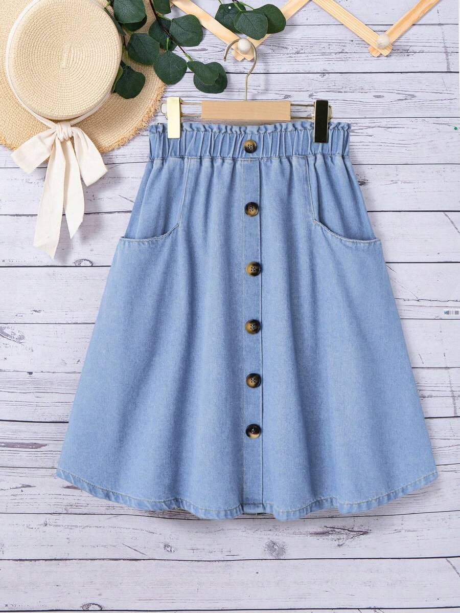 SHEIN Tween Girls' Loose Fit Casual A-Line Skirt With Ruffle Hem Bottom Front Denim Long Skirt For Summer Vacation Outfits - Light Wash - View 1