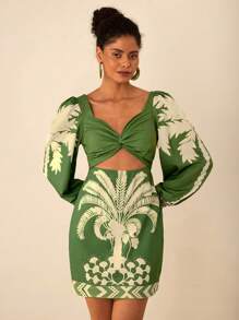 Travachic Women's Floral Print Twist Front Hollow Hem Short Sleeve Casual Mini Dress - Green - View 7