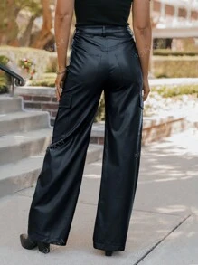 MYOURSA Multi Pockets Solid Faux PU Leather Cargo Pants