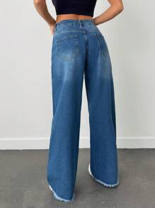 SHEIN Cottnline LOW WAIST WIDELEG RAW EDGE DETAIL AND CUTLINE ON SIDE SEAM - Medium Wash - View 2