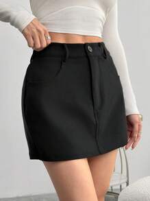 SHEIN EZwear Black Woven Solid Color Anti-Exposure Form-Fitting Skirt - Black - View 3