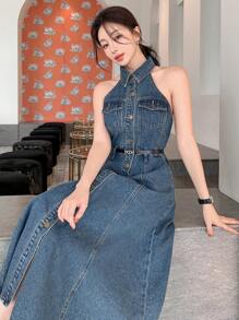 DAZY Washed Sleeveless Button Women Denim Dress