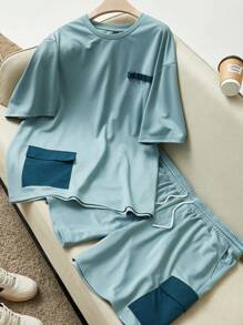 Manfinity VCAY Plus Size Men's Loose Cargo Pocket Knit T-Shirt And Woven Shorts Set - Green - View 6