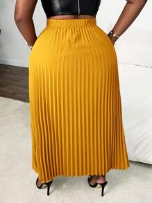Slaydiva Rok Wanita Ukuran Besar Elegan Romantis Warna Polos dengan Lipit dan Ikat Pinggang yang Dapat Diatur, Cokelat-Merah - Kuning - View 2