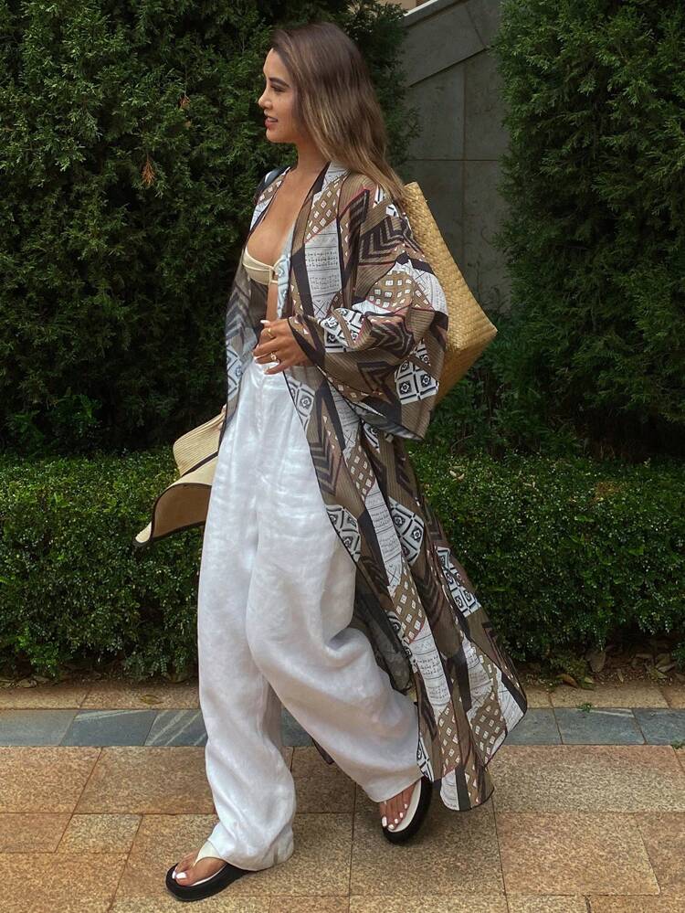 Patchwork Print Loose Fit Bohemian Style Long Sleeve Maxi Shirt For Women, Summer Holiday Vacation Women Boho